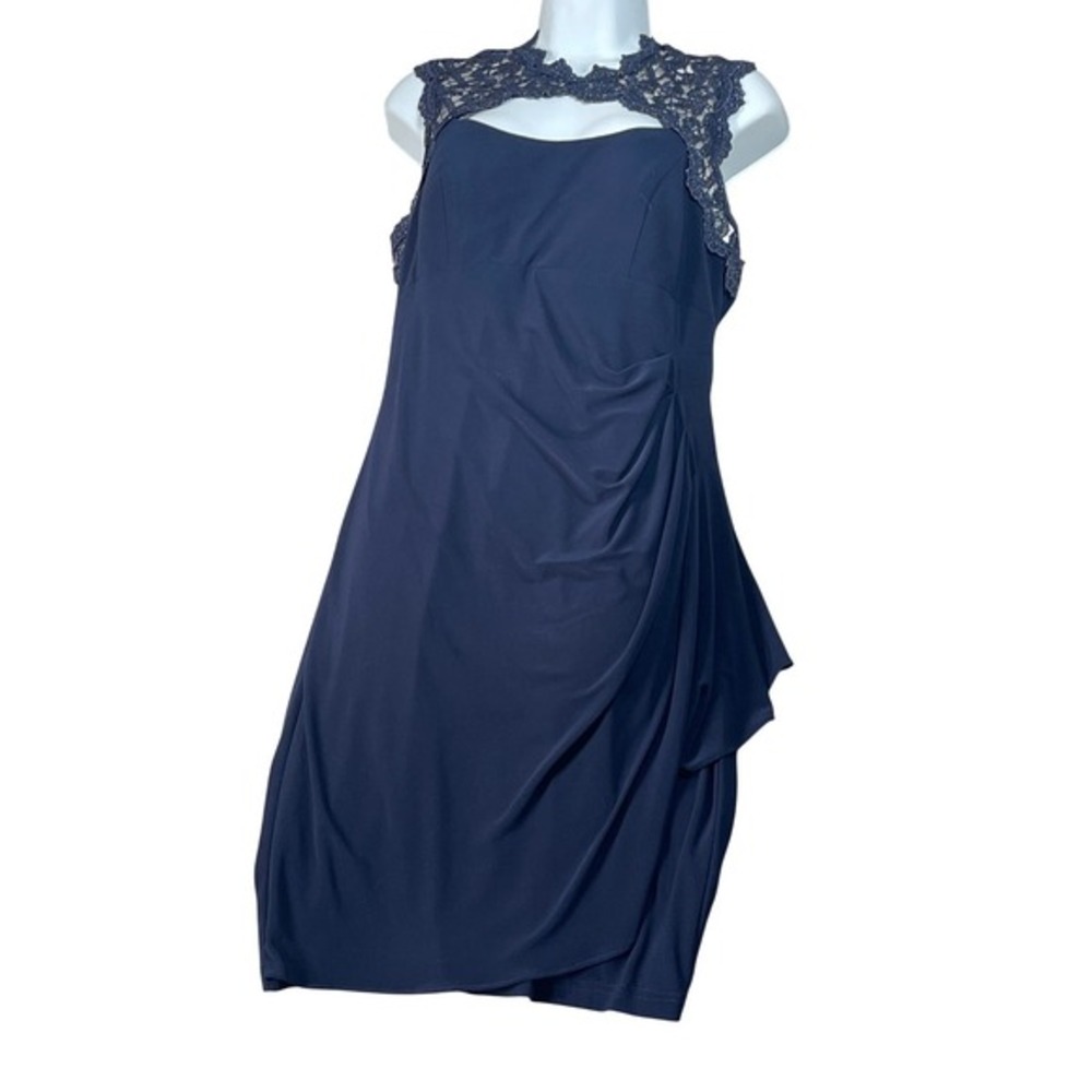 Xscape Navy Blue Lace Overlay Ruched Sheath Dress Formal‎ Evening Occasion Sz 10